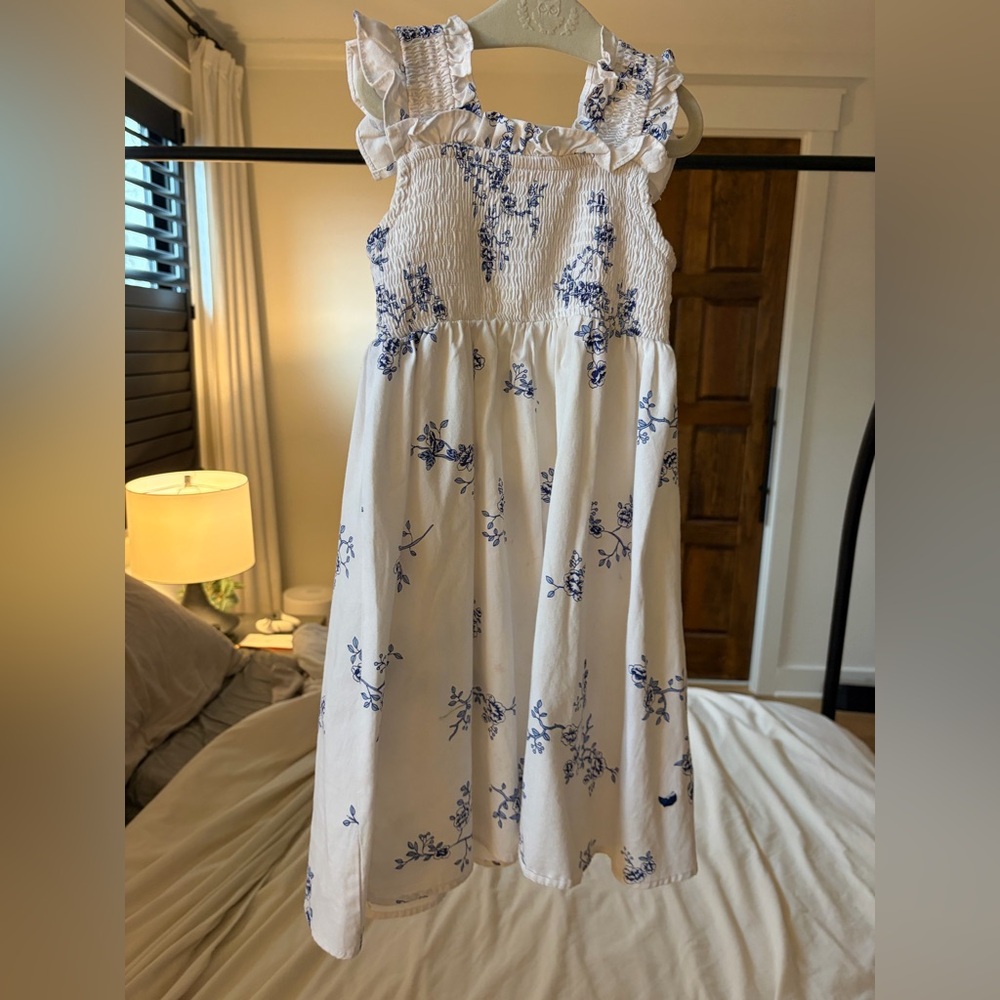 Floral White and Blue Kids Dress, Petite Plume, size 4